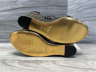 Yves Saint Laurent Black Patent Leather Gold Wedges, Size 42 (US 11)